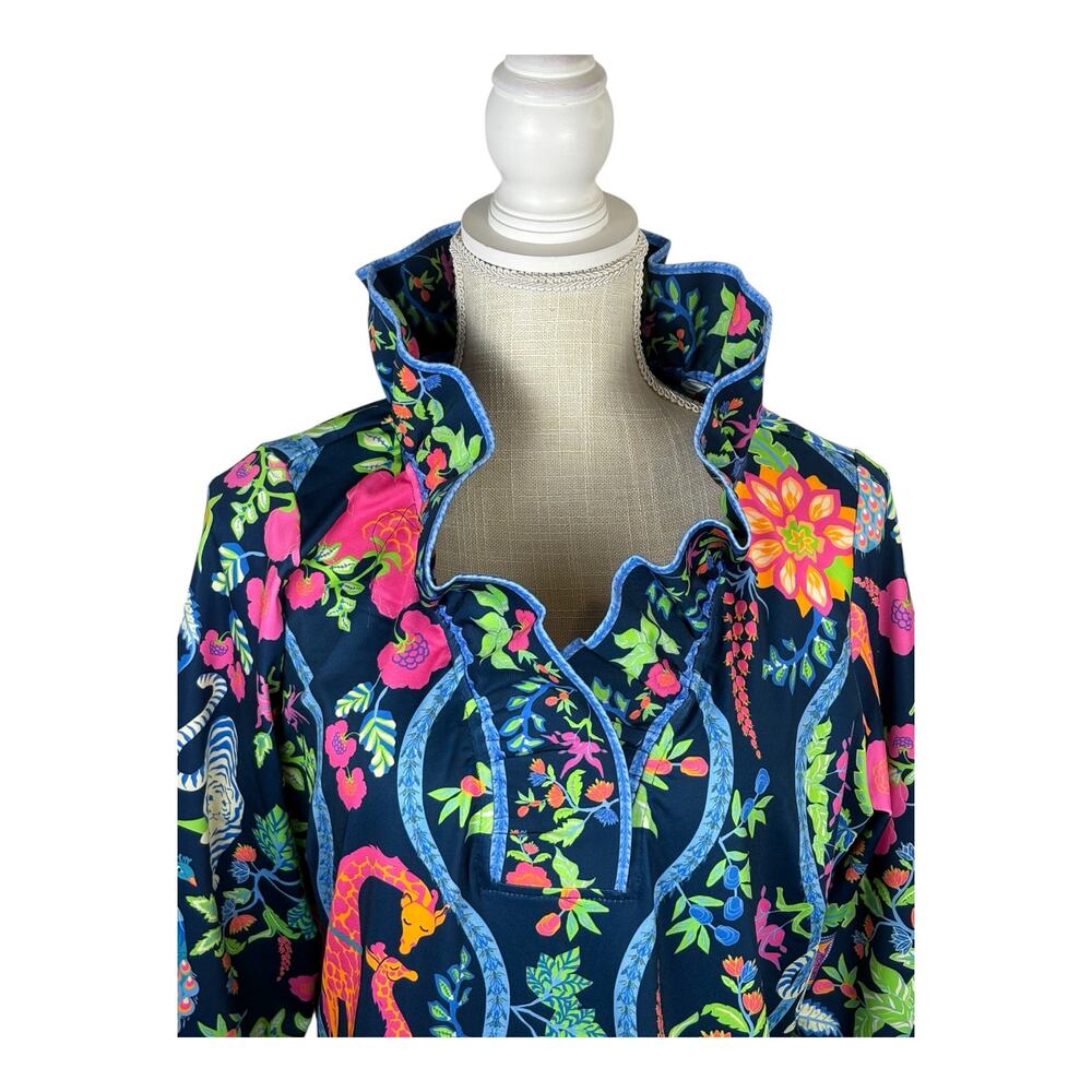 NWT Gretchen Scott Ruffleneck 3/4 Sleeve Dress Women's Large Giraffe Print Blue - Picture 4 of 10